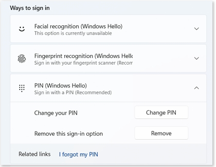 Change PIN and Remove under PIN (Windows Hello)