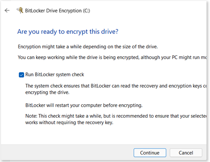 Run BitLocker system check selected and Continue highlighted