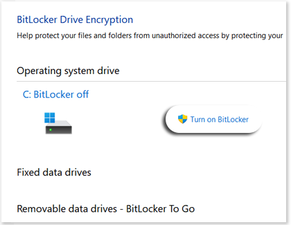 Turn on BitLocker highlighted on a Windows 11 PC