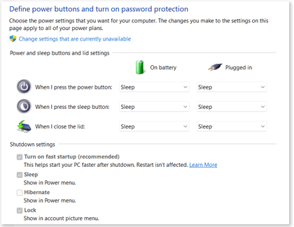 List of Power options on a Windows 11 PC