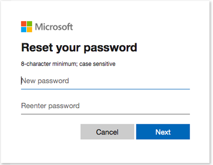 Reset your password window for Microsoft