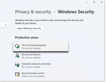 Virus & threat protection highlighted on a Windows 11 PC