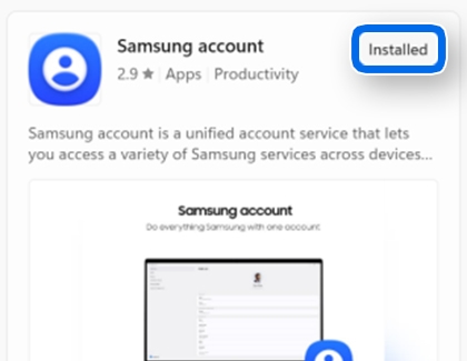 Installed option highlighted on the Samsung account app in the Microsoft Store.