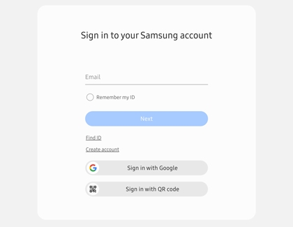 Samsung account login screen with Email and Password text fields