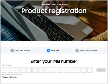 Samsung website with data field for IMEI Number displayed