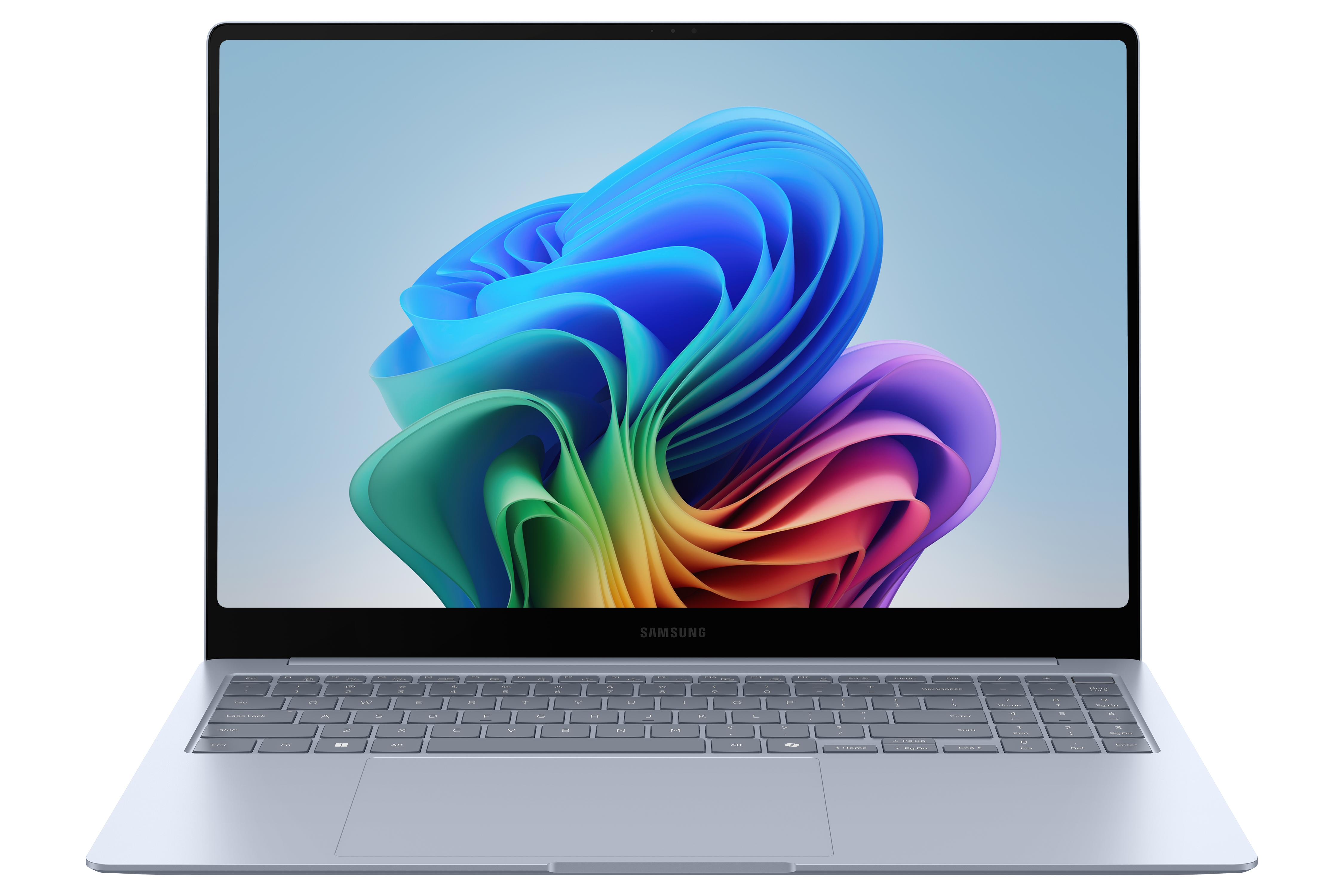 Front view of the Galaxy Book4 Edge with the lid opened dipslaying a colorful screensaver