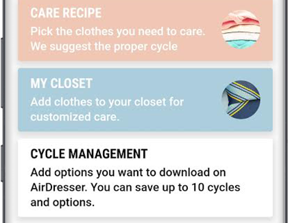 AirDresser Home screen with CYCLE MANAGEMENT displayed