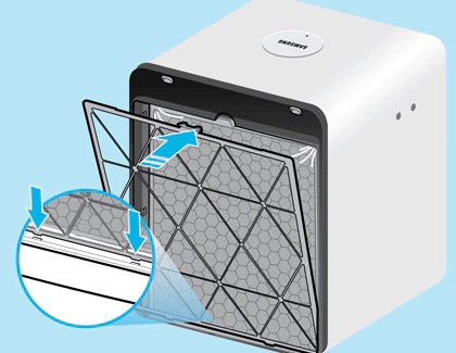 An illustration showing how to assemble a Samsung air purifier by inserting the filter into the unit.