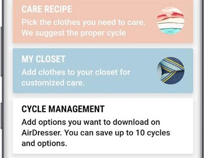 Samsung SmartThings app displaying AirDresser cycle management options, including Care Recipe and My Closet.