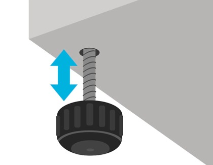 Illustration of an adjustable leveling foot, showing how to raise or lower the height.