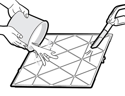 Illustration of cleaning a Samsung air purifier pre-filter by rinsing with water and using a vacuum.