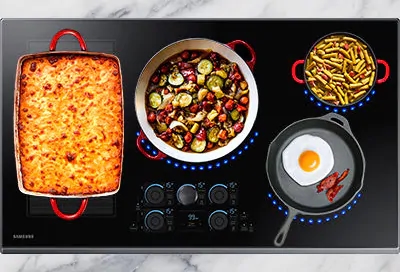 Induction cooktop with a skillet and vegetables