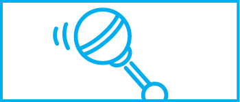 A blue outline icon of a baby rattle with sound waves.