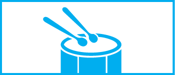 A blue outline icon of a drum with two drumsticks.