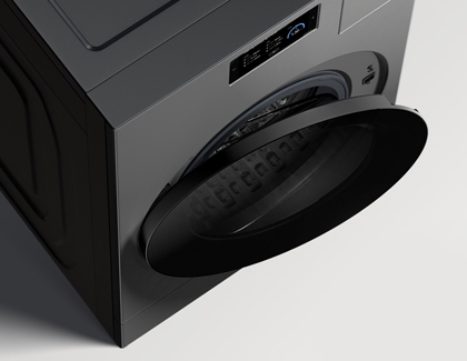 Front view of a Samsung washer with the Auto Door feature slightly ajar, showcasing its sleek and modern design.