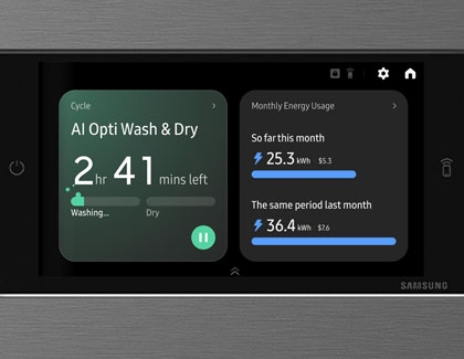 Samsung Bespoke AI Laundry Hub screen displaying cycle details and monthly energy usage statistics.