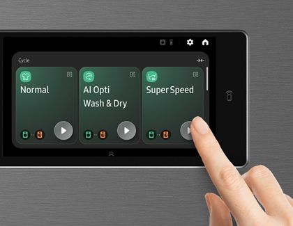Finger selecting the Super Speed cycle on a washing machine's touch display panel.