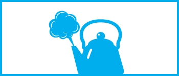 Blue icon of a kettle releasing steam, symbolizing a whistling or whining noise.