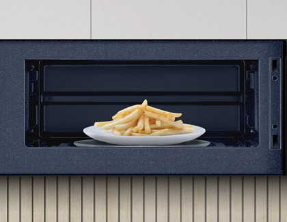 A plate of French fries inside a Samsung microwave