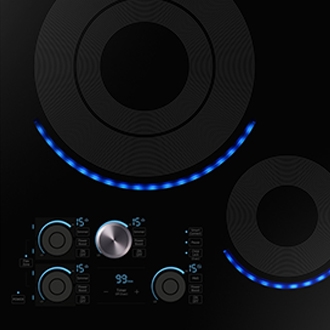 A Samsung electric induction cooktop panel with illuminated blue control lights.