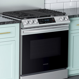 Samsung gas range in a modern kitchen