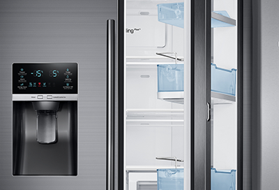 Samsung refrigerator with the showcase door opened to reveal interior