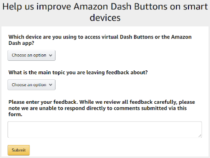 Amazon survey to leave feedback for Amazon Dash Buttons on Family Hub 