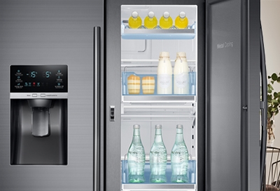 Samsung refrigerator with Food Showcase door open to show bottles inside