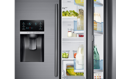 Interior view of a Samsung refrigerator with the food showcase door open