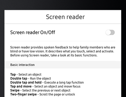 Screen Reader On/Off menu