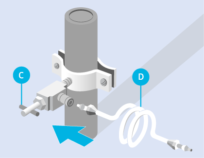 Illustration of a water line installation kit being connected to the shut off valve
