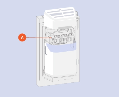 Samsung ice maker assembly with test button labeled A.