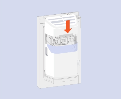 Illustration of reinstalling the ice bucket into Samsung refrigerator ice maker housing.