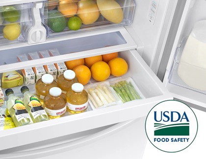 Refrigerated food in Samsung fridge with USDA logo