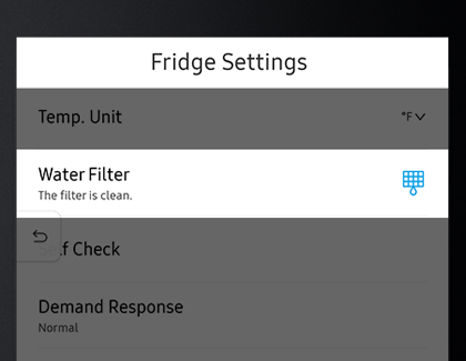The water filter icon on the Family Hub screen