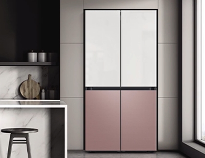 A 4-Door Flex BESPOKE fridge with a white top and pink bottom