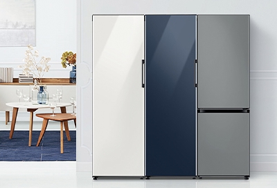 Three BESPOKE fridges in gray, blue, and white