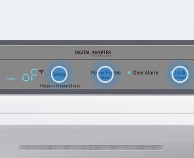 Control panel on a Samsung refrigerator showing Temp, Power Freeze, and Lock buttons.