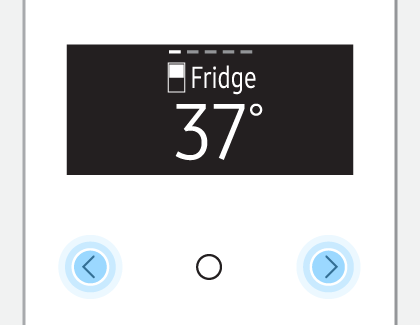 Control panel on a Bespoke refrigerator showing 37°F fridge temperature with navigation arrows.
