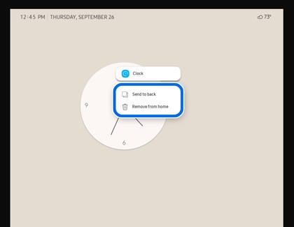 Send to back and Remove from home highlighted over the clock widget on the home screen of a Family Hub refrigerator