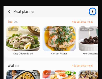 More options button highlighted in Meal planner app on Family hub screen