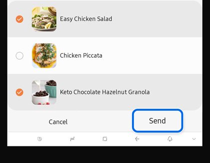 Send button highlighted in the Meal Planner app on Family Hub 8.0 screen 