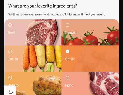 Selecting Favorite ingredients screen on Family Hub 8.0