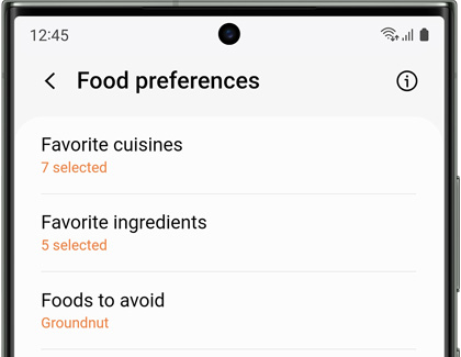 Food preferences on Smart Things Cooking menu screen on Galaxy S23 screen