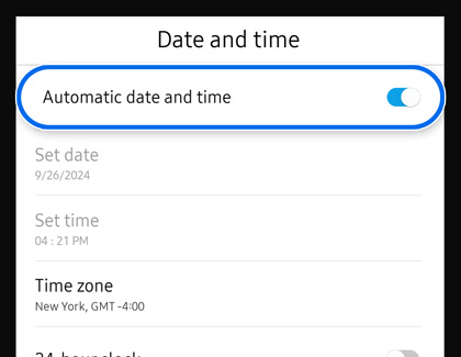 Automatic date and time highlighted in Date and time settings