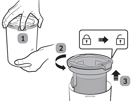 Hand removing filter from JetStick dustbin