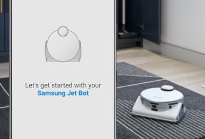 Samsung Jet Bot in the background with SmartThings Jet Bot connection screen