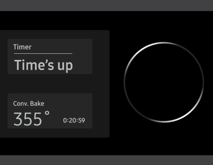 Samsung Oven with dial knob showing Time's up on the control panel