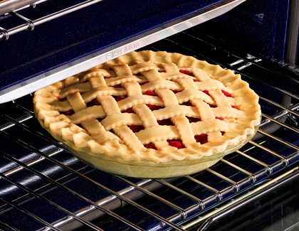 Pie placed on the bottom shelf of the convection oven