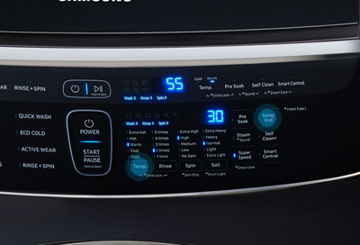 Closeup of buttons on Samsung washer control panel